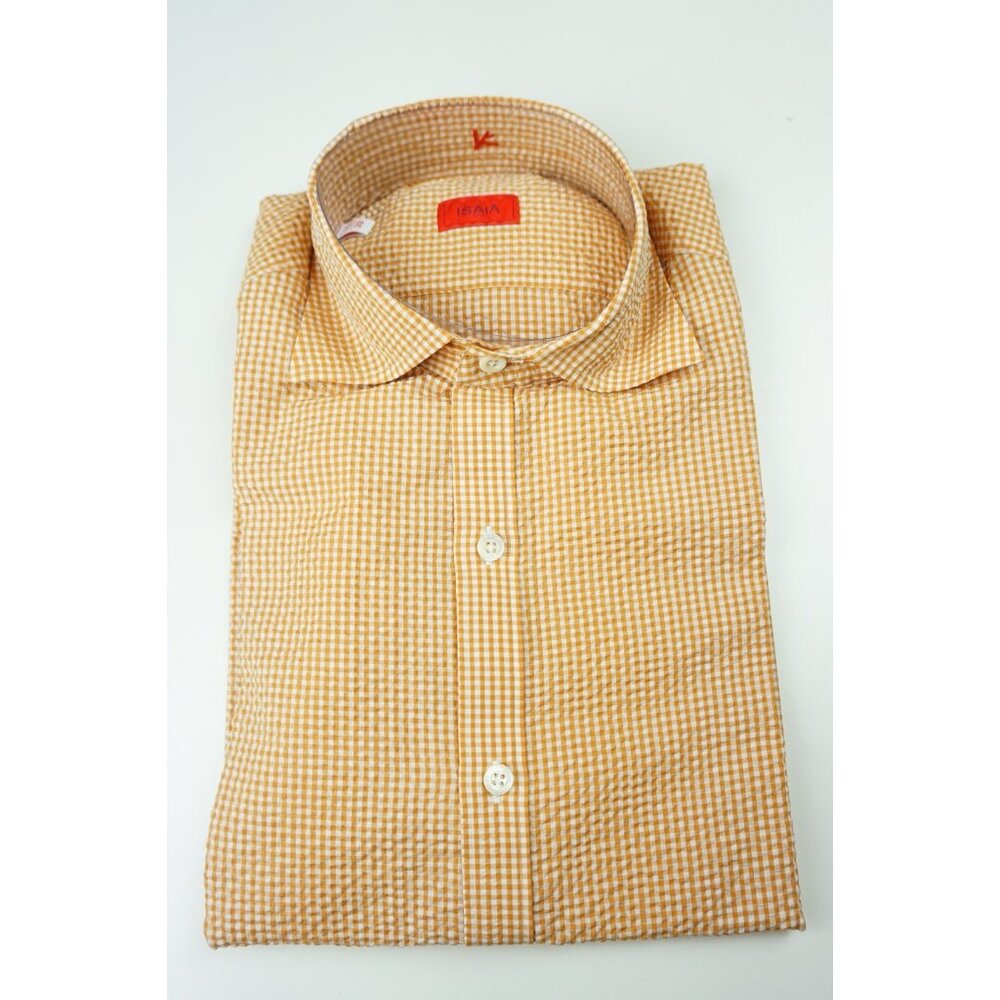 Isaia Seersucker Orange White Plaid Short Sleeve Cotton Shirt 15.5/39 NEW